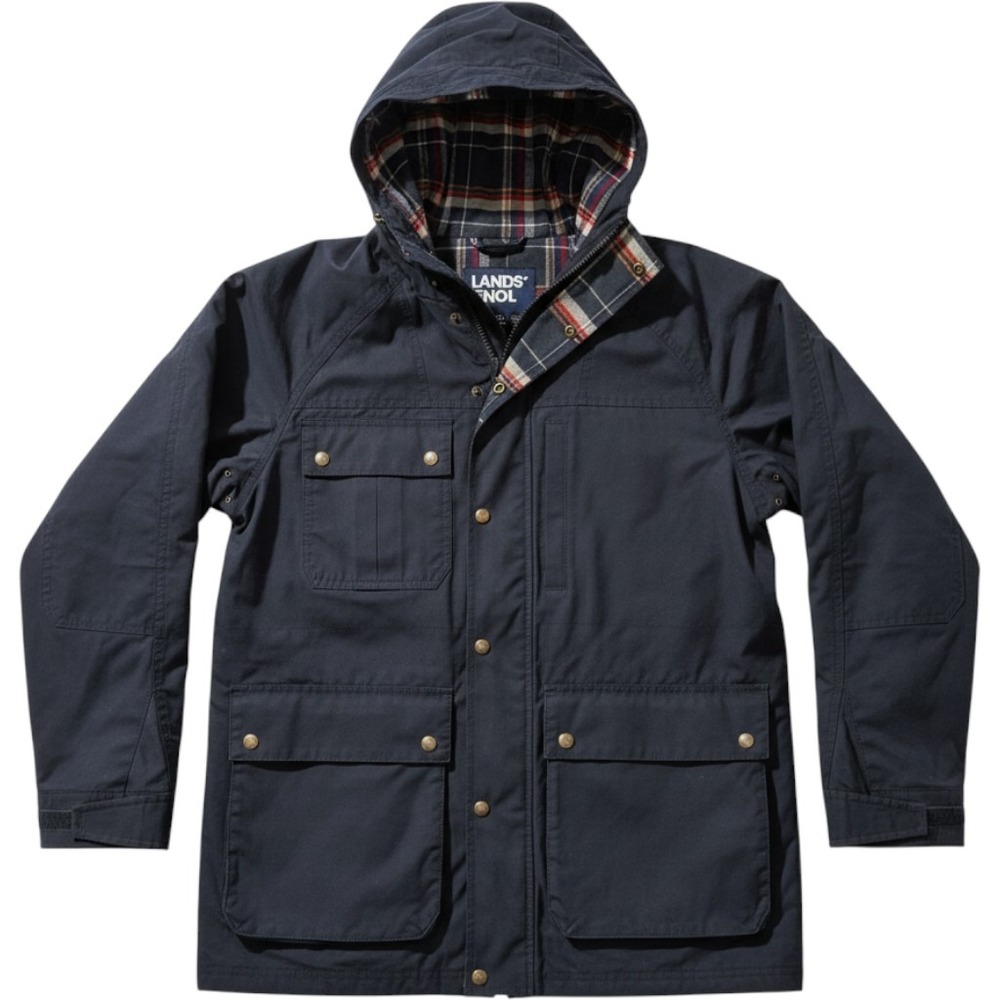 Lands End Field Jacket Mens M Navy Blue Utility Plaid Lined Hooded 486014
